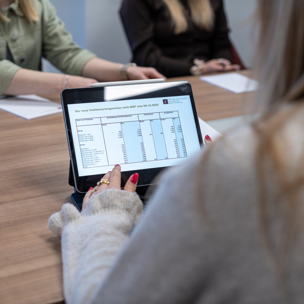 Mitarbeiterinnen besprechen gemeinsam digitale Unterlagen auf einem Tablet an einem Besprechungstisch; im Hintergrund liegen weitere Dokumente für die steuerliche Beratung.